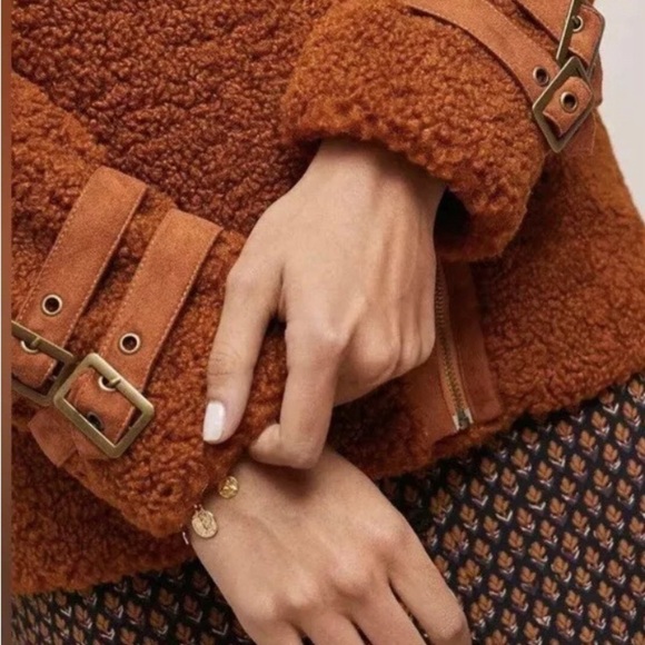 Marrakech Anthropologie Women size Small brown fuzzy Teddy Moto zip jacket - Picture 3 of 15